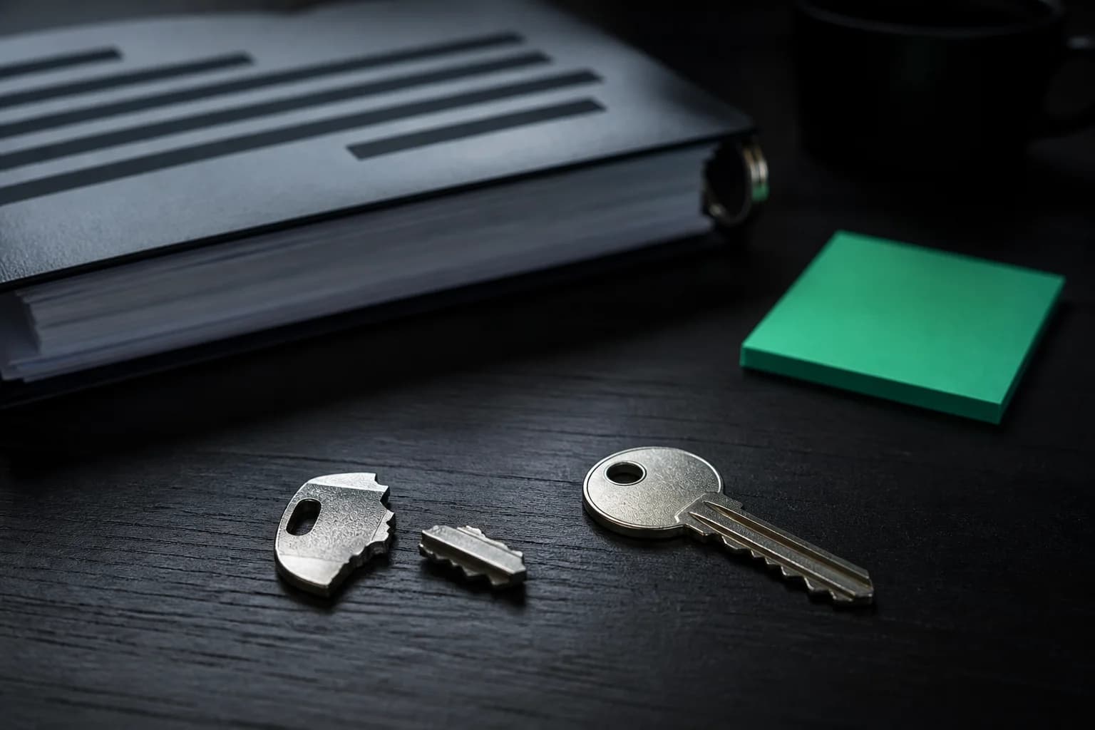 Broken key beside a new key and a runbook binder on a dark desk