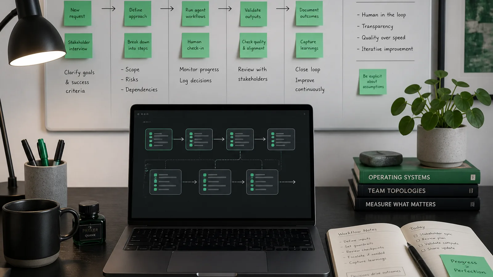 Workflow diagram showing an AI agent with permission and approval checkpoints