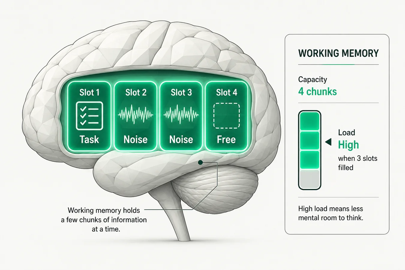 Stylized brain with four working-memory slots and a capacity meter