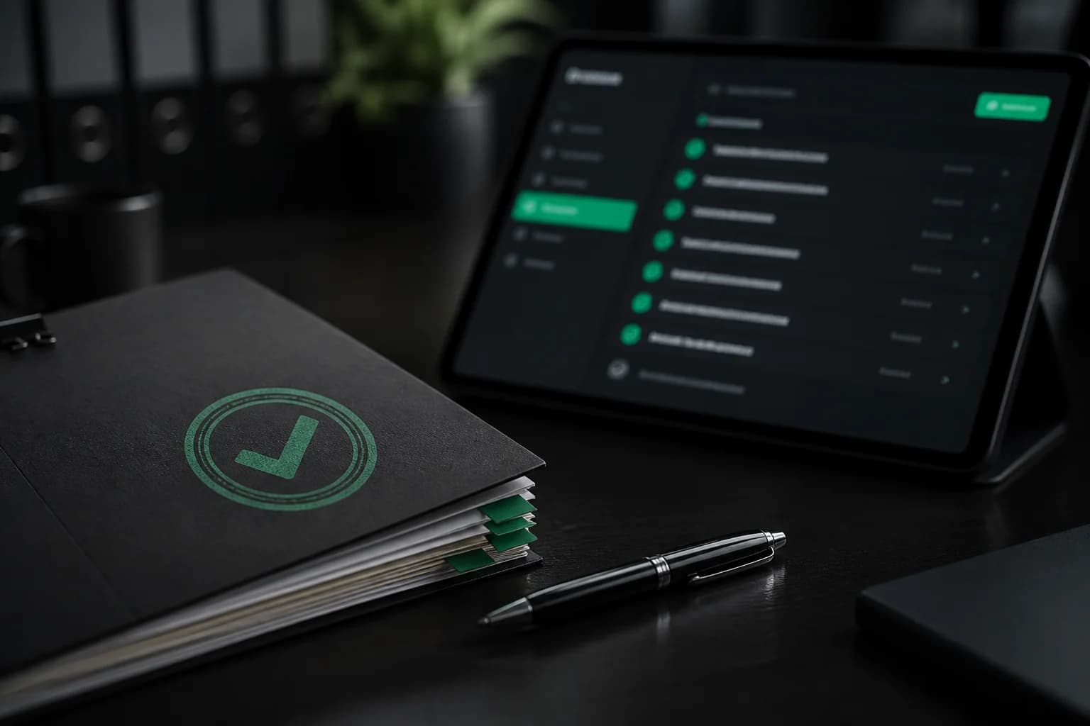 Compliance folder, pen, and tablet with a checklist UI on a dark desk