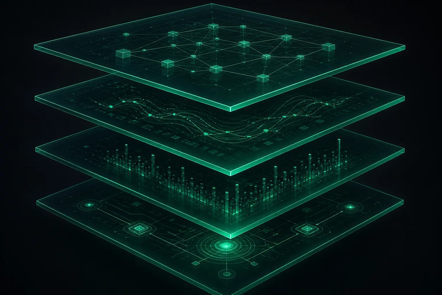 Four stacked trust planes for shared ledger, off-chain SoR, indexes, and crypto control