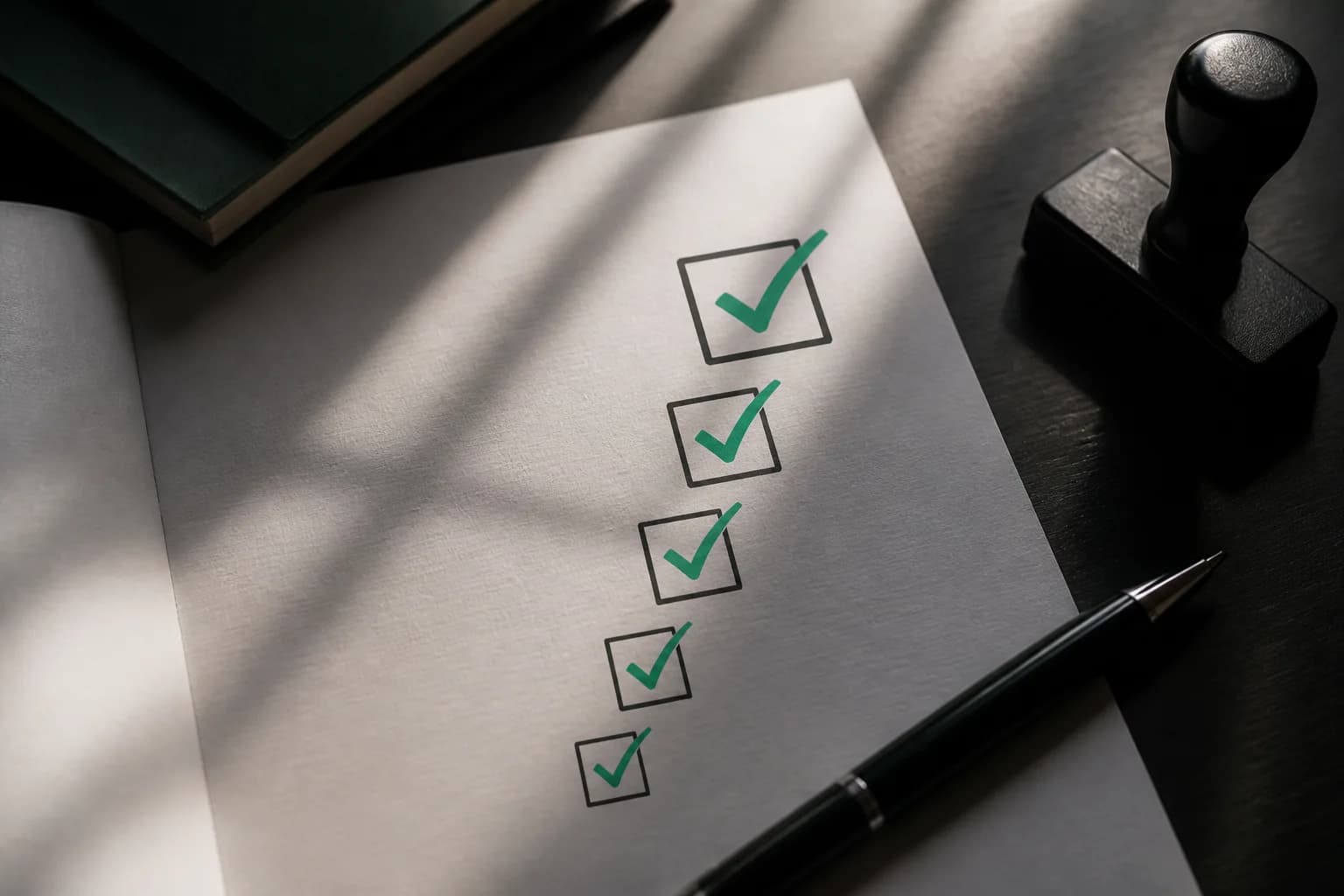Printed maturity scorecard with emerald checkmarks, pen, and stamp on a desk