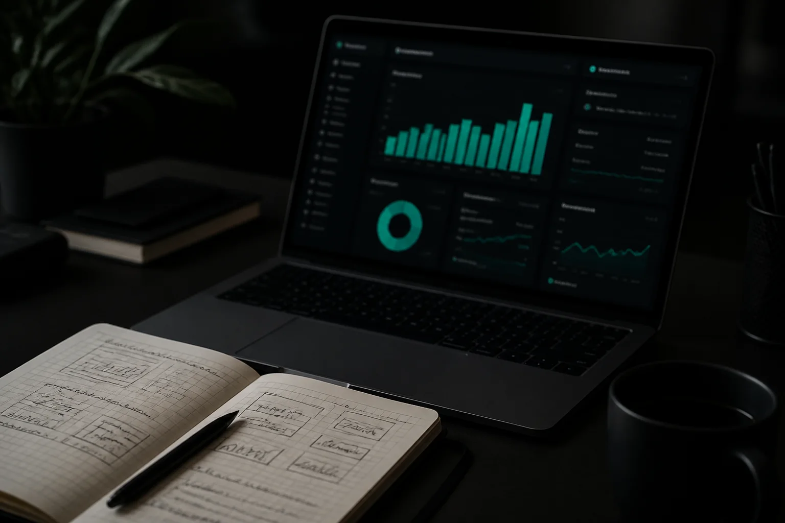 Laptop analytics dashboard with emerald chart accents and a notebook on a dark desk