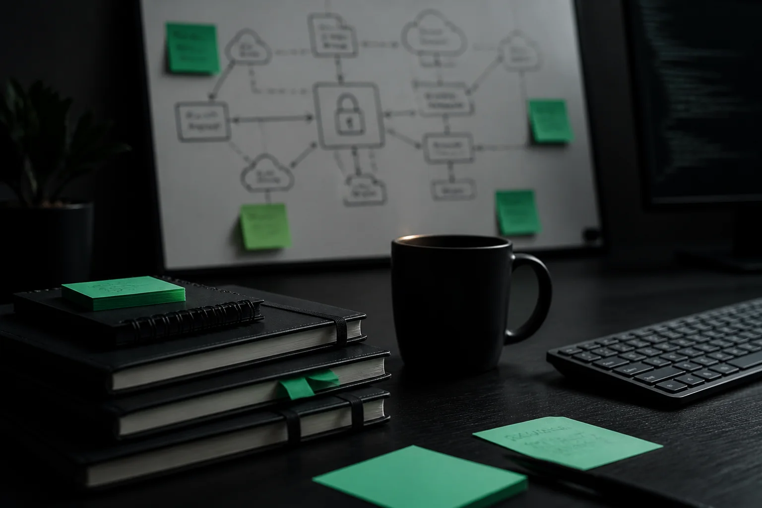 Dark desk with notebooks, emerald sticky notes, and a threat-model whiteboard in soft focus