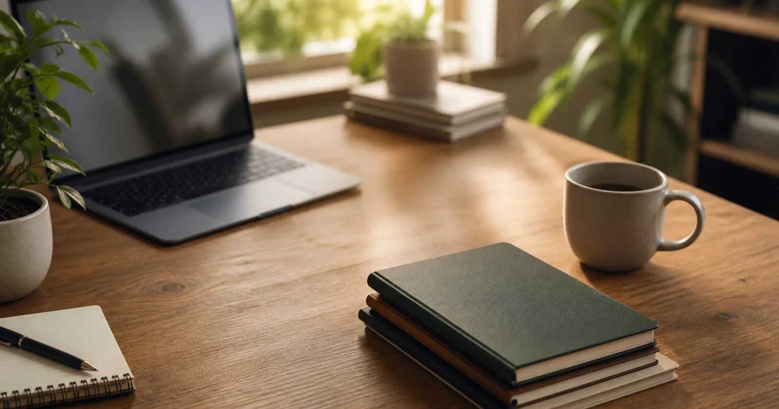 Calm desk with notebook and laptop suggesting a clear mind and reduced cognitive load