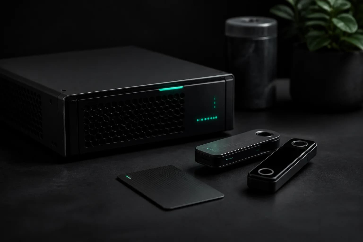 HSM-style appliance with hardware wallets and a key card on a matte desk