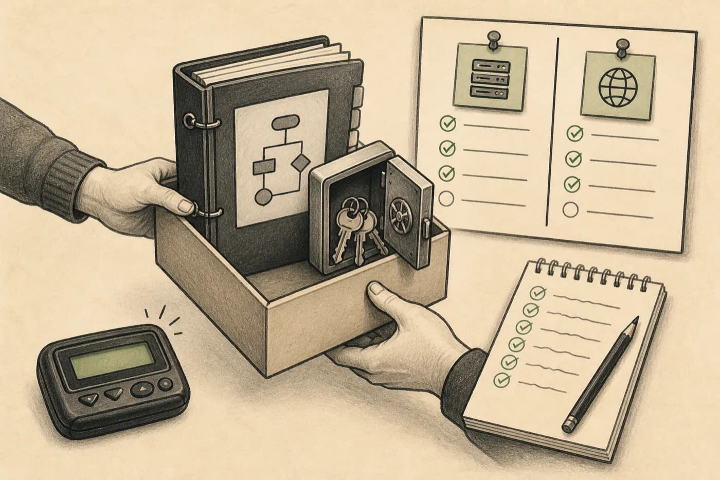 Handoff kit with runbook, credentials vault, staging versus production, and on-call