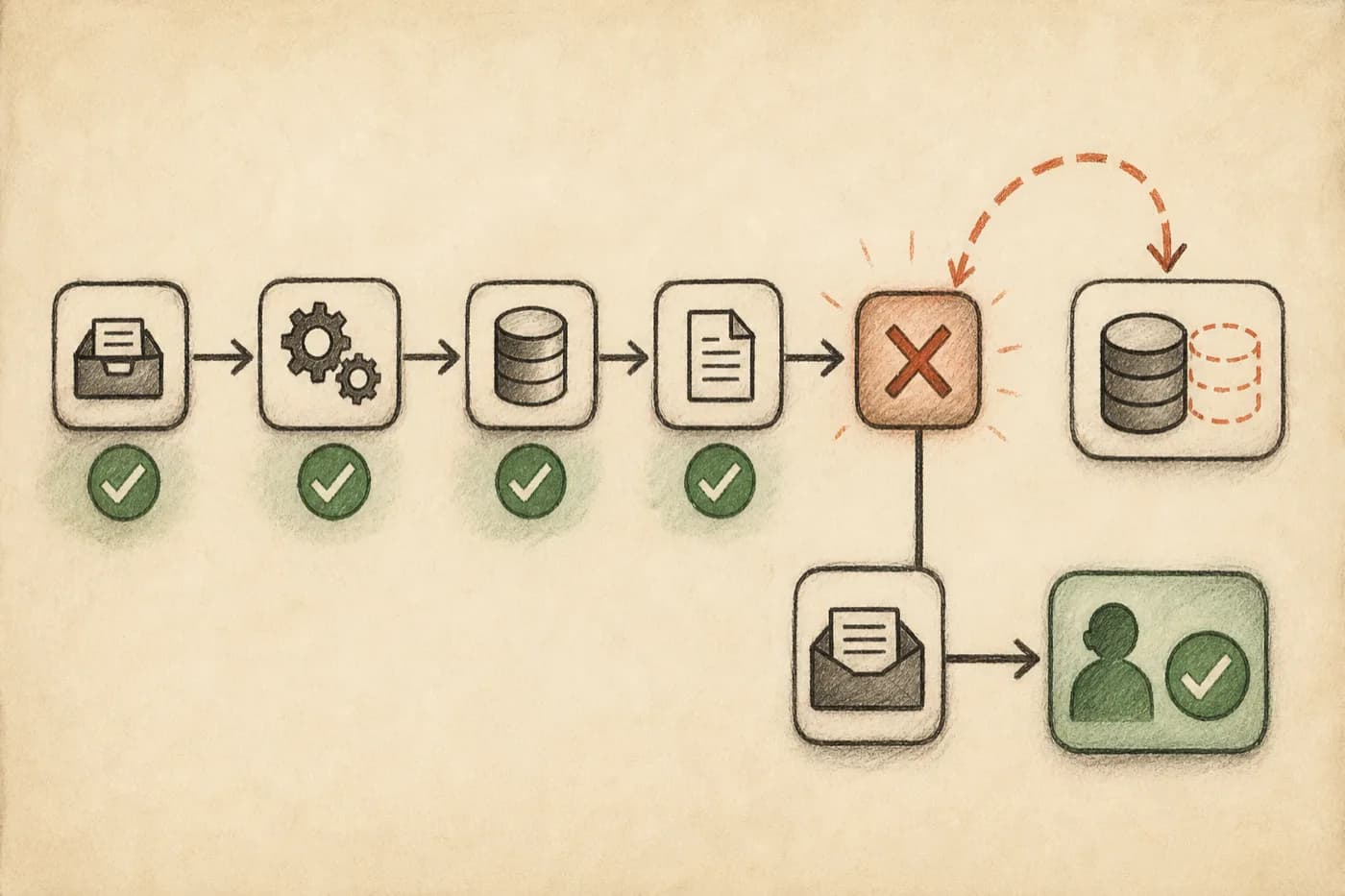 Partial workflow success with unsafe retry versus idempotent recovery and a human checkpoint