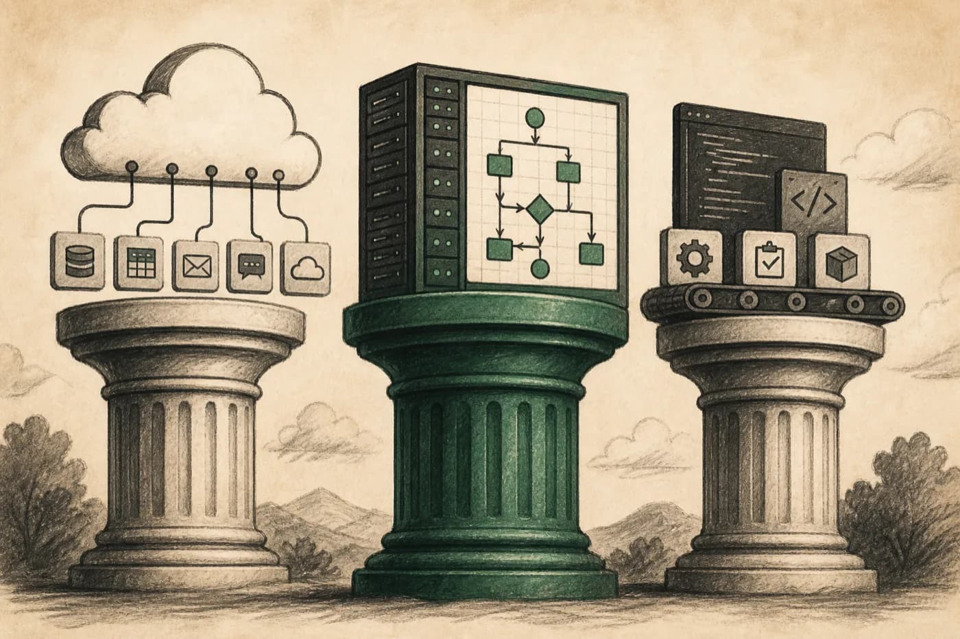 Three automation runtimes: hosted SaaS connectors, self-hosted workflow canvas, and product code with CI