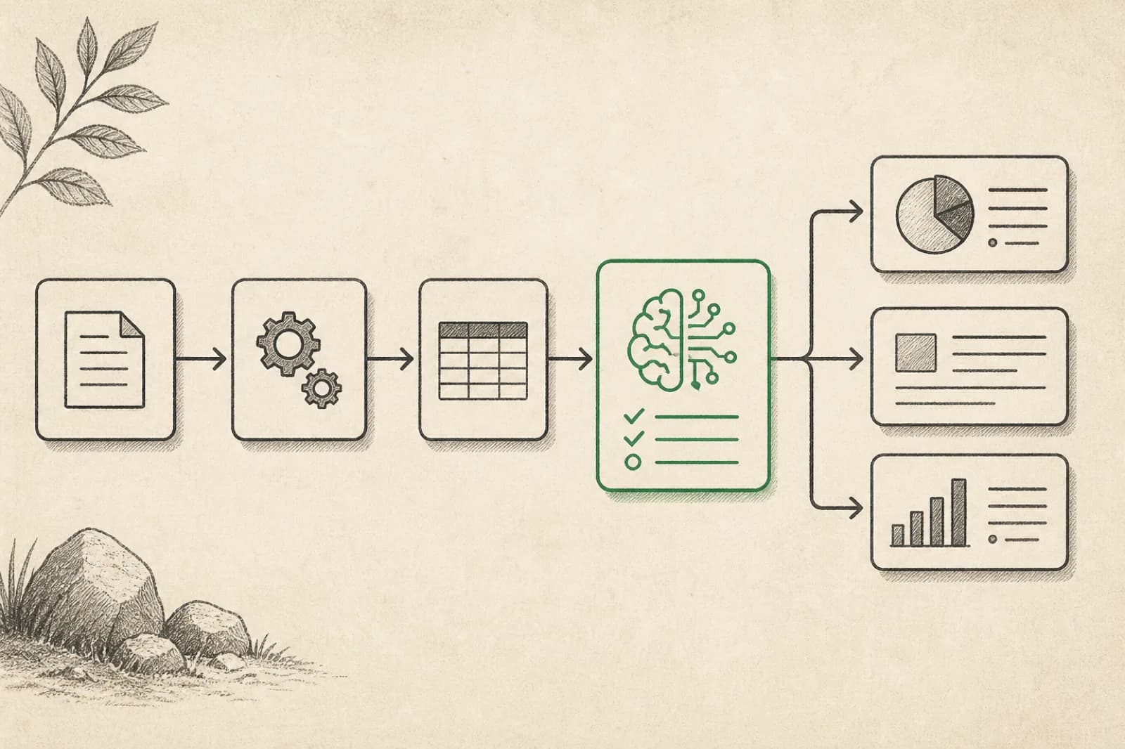 Bounded workflow nodes with one highlighted AI classify step and structured outputs