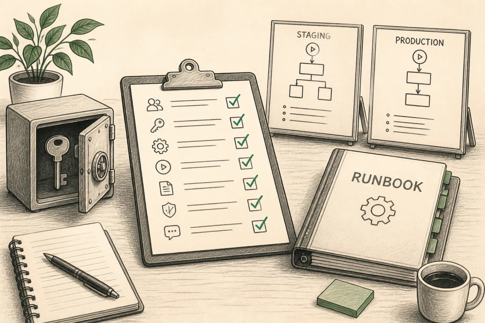 Handoff checklist, credentials vault, and staging versus production boards on a desk