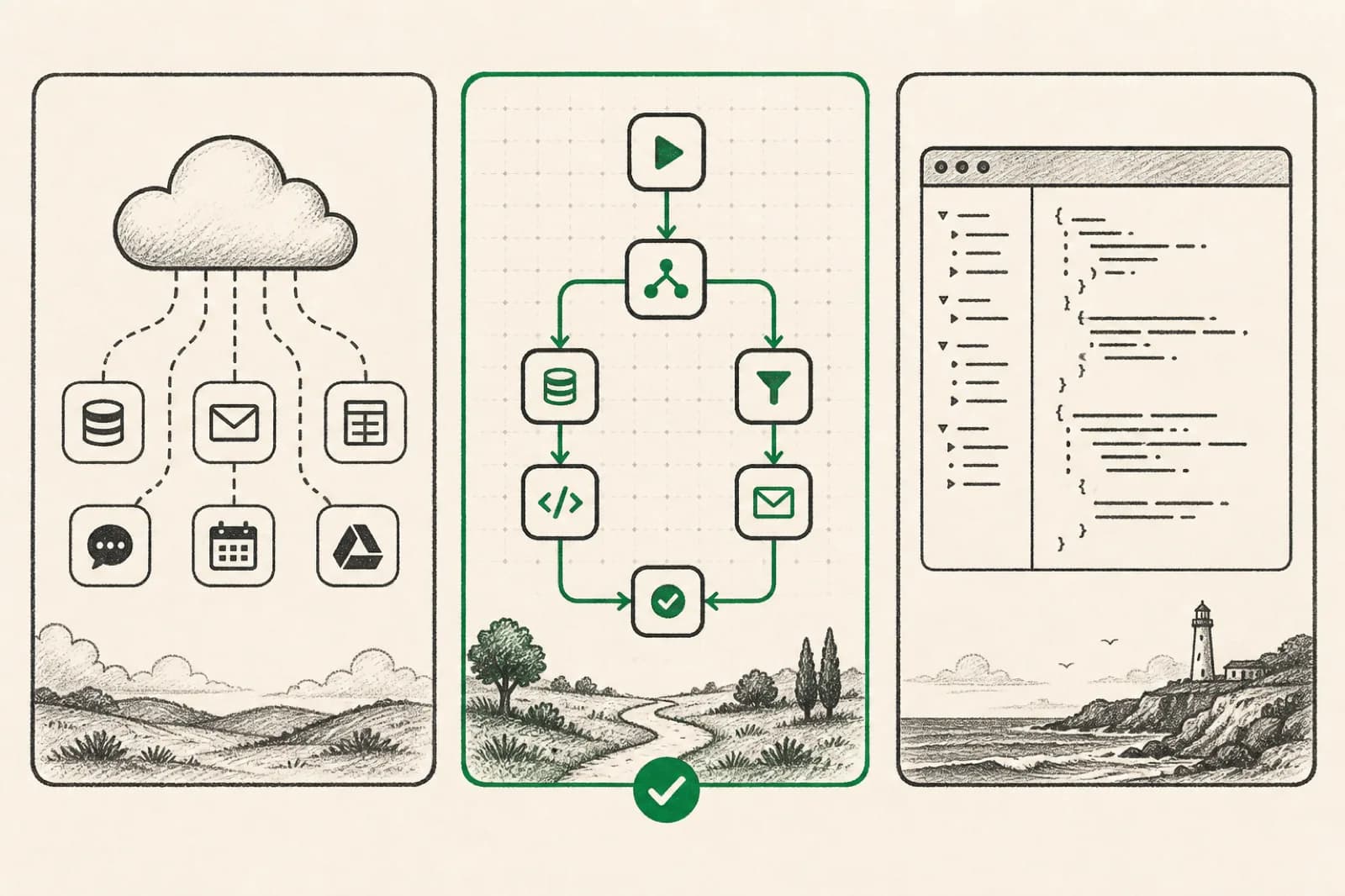 Three panels comparing SaaS connectors, self-hosted workflow canvas, and custom code