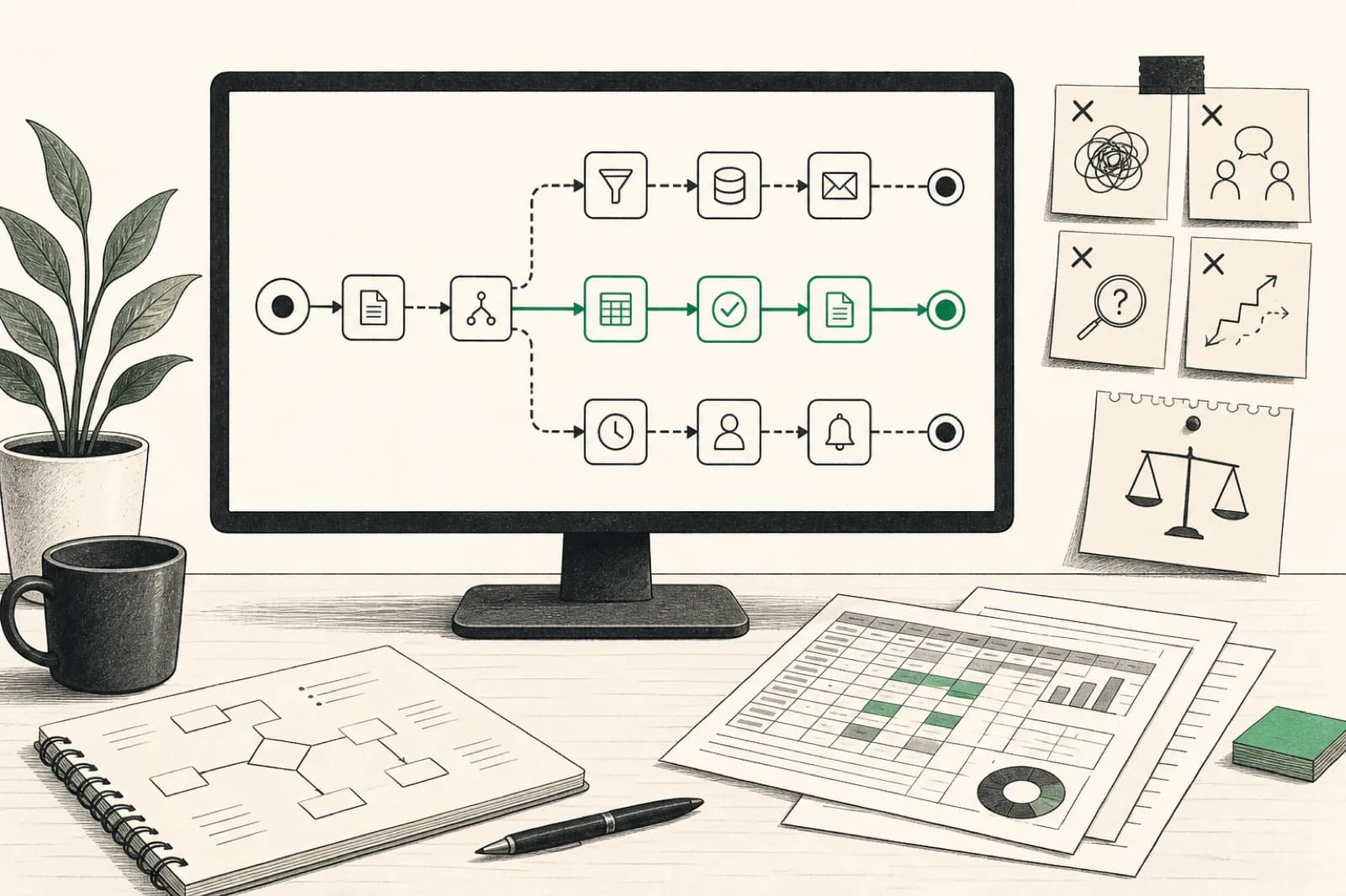 Desk with a workflow diagram on a monitor and spreadsheet notes deciding what to automate