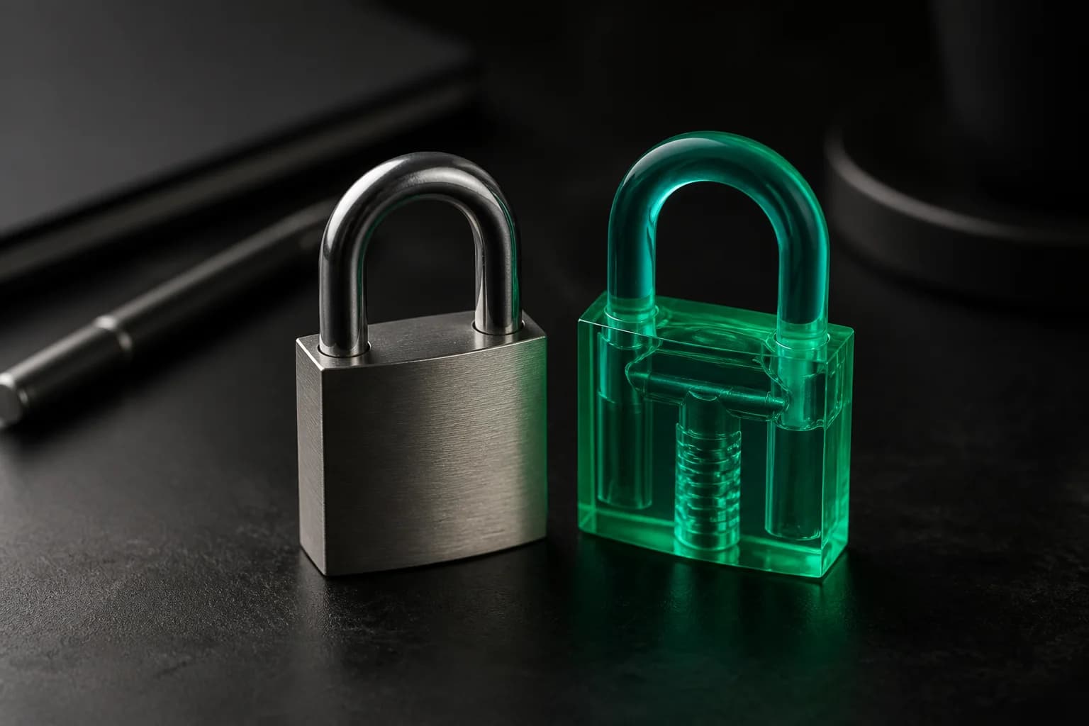 Classical metal lock beside a crystalline green lock on a dark desk