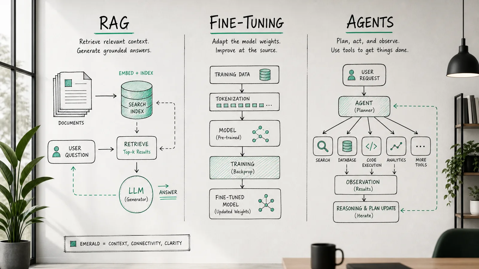 Diagram comparing retrieval, fine-tuning, and agent architectures