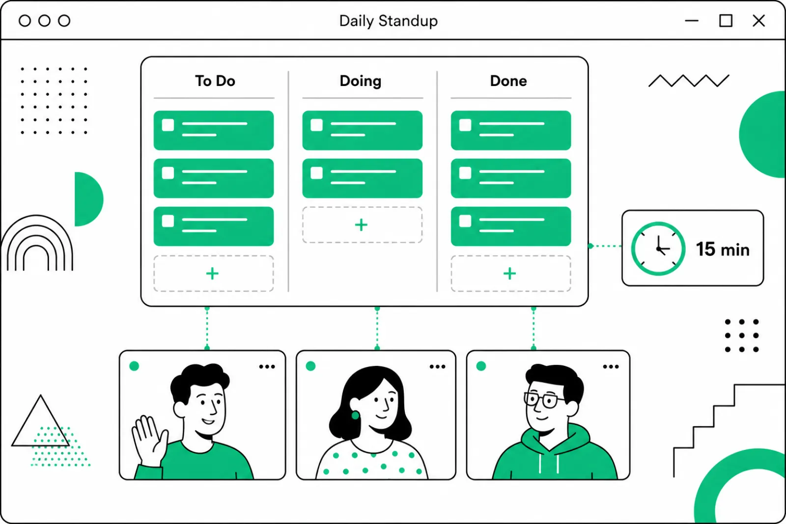 Remote daily standup around a shared kanban board